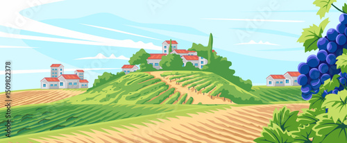 A picturesque Tuscan landscape with vineyards, houses on hills, and ripe grapes.