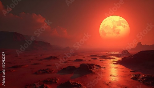 A river of lava flowing through a rocky landscape , the sky is cloudy and the sun is setting , the rocks are black and the lava is orange .
