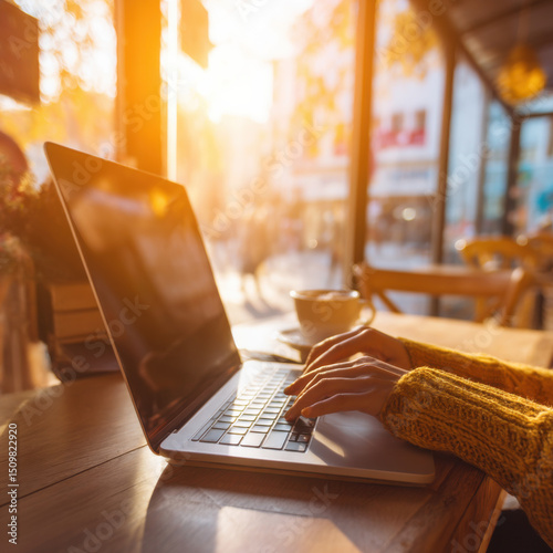 Woman working on laptop in sunlit cafe, wearing warm sweater, with cup of coffee on wooden table.