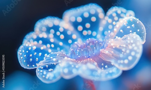 Glowing blue flower, close-up, bokeh background, nature, digital art, website banner