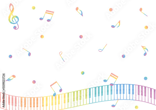 虹色の鍵盤と音符のイラスト