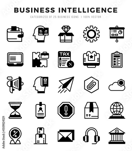 Set of Business Intelligence Icons. Simple line art style icons pack.