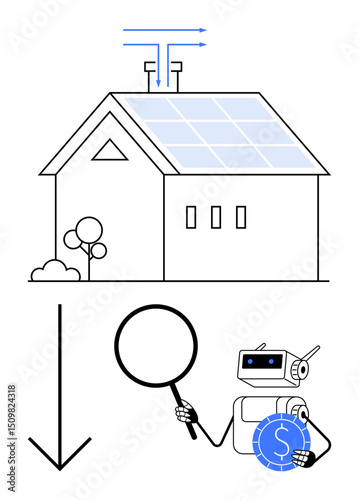 House with solar panels and smart systems monitored by AI robot holding magnifying glass and coin. Ideal for renewable energy, green technology, home automation, energy efficiency, cost reduction