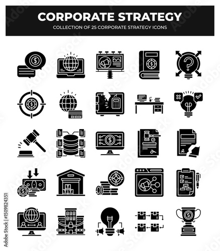 Collection of 25 Corporate Strategy Icons: Business. Finance. and Marketing Glyphs
