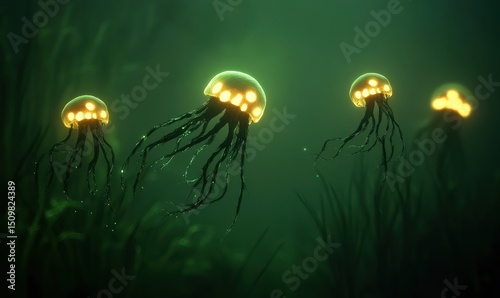 Glowing jellyfish swim in dark underwater seagrass