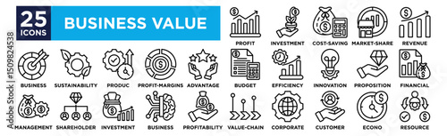 business value icon collection set. Containing design Profit, Investment, Cost-saving, Market-share, Revenue,