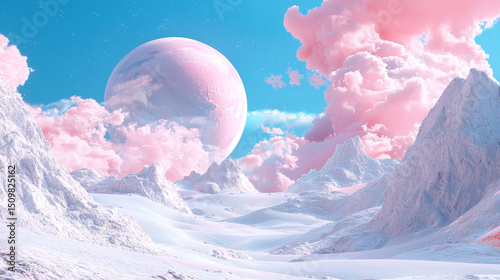 3D dreamlike alien arctic valley with snowy terrain, pastel pink clouds, and a giant looming planet under a vibrant blue sky in a surreal extraterrestrial fantasy world background