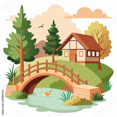 Rustic Bridge and Creek with Ducks Cottagecore Illustration