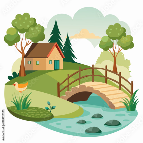 Rustic Bridge and Creek with Ducks Cottagecore Illustration