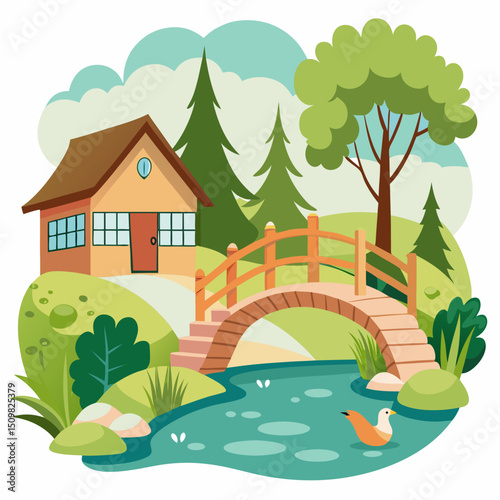 Rustic Bridge and Creek with Ducks Cottagecore Illustration