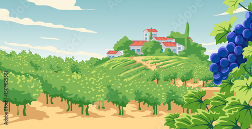 A vibrant vineyard with houses on a distant hill under a blue sky.