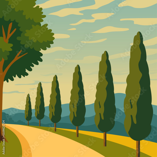 A scenic road lined with cypress trees in a rolling green landscape.