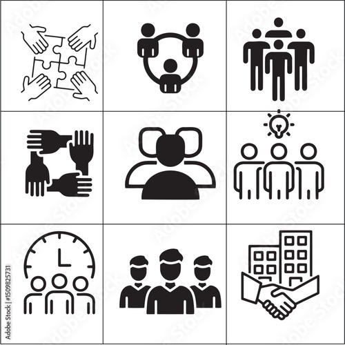 Business Communication and Group Structure Icons – Office, HR, Team Meeting Concepts