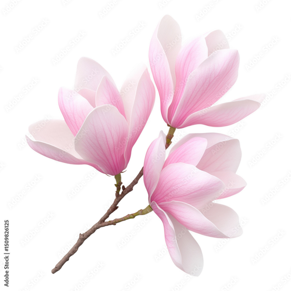 Naklejka premium Close-up of pink magnolia blossoms on a branch, showcasing delicate petals and soft colors.