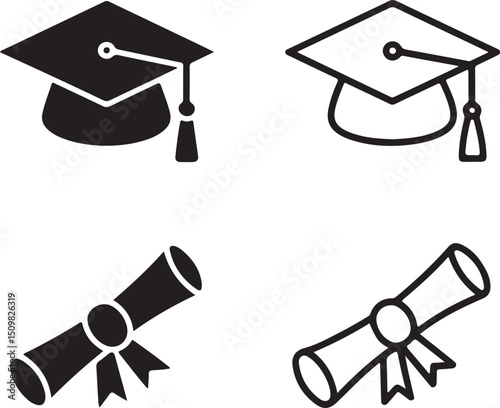 vector graduation cap and diploma icons	
