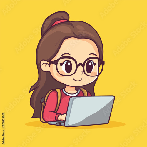 Cheerful Girl with Glasses Using Laptop (2)