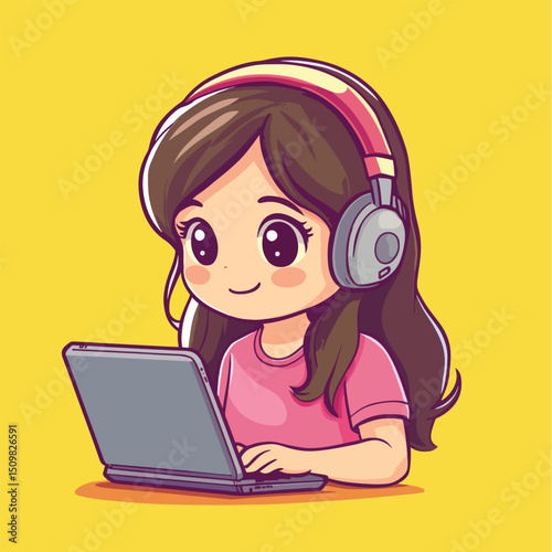 Cheerful Girl with Headphones Using Laptop (1)