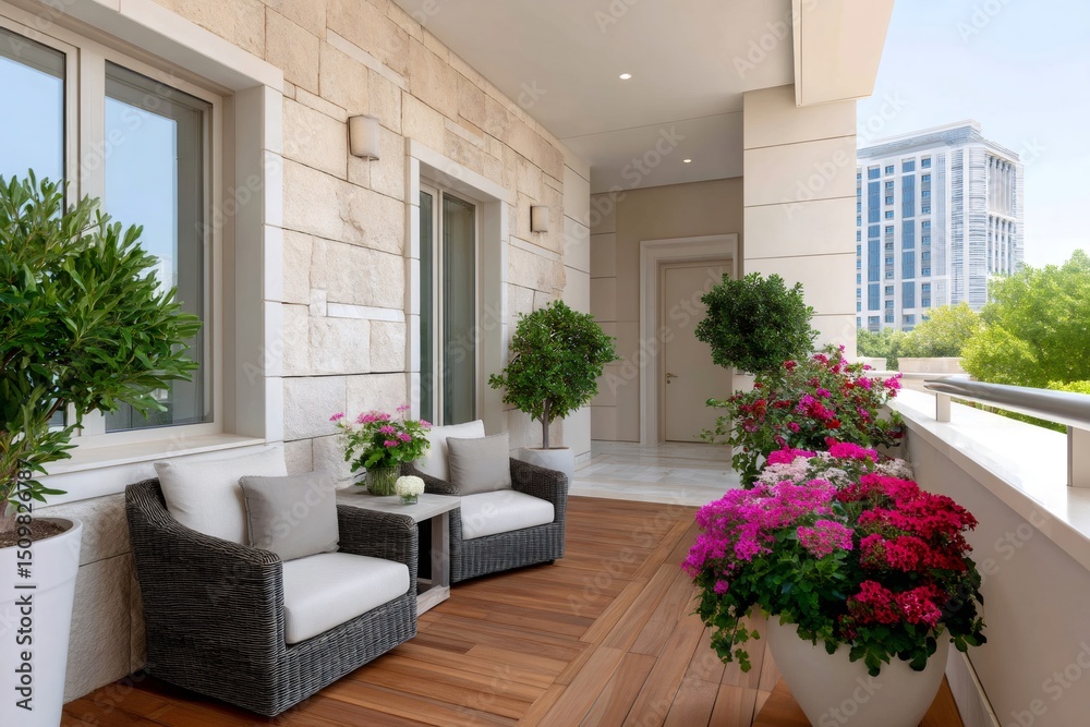Fototapeta premium Comfortable terrace with armchairs and plants illuminating modern building