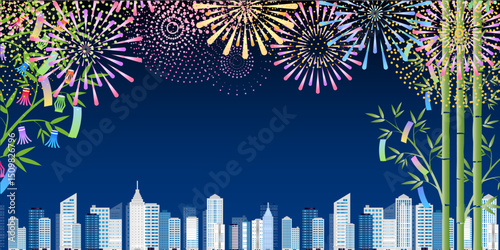 花火　七夕　建物　夏　背景