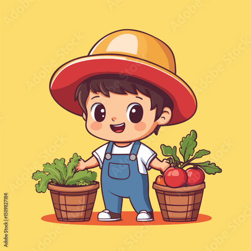 Cheerful Toddler Gardener with Harvested Tomatoes and Greens