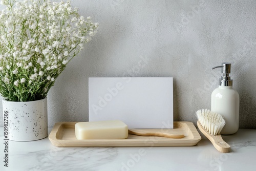 A white tray with a bar of soap and a brush on it