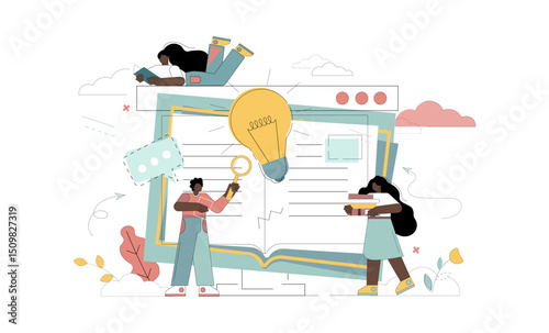 Concepts e-learning. ?nline education at home. People study with books and gadgets.eps