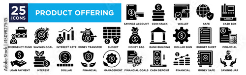 product offering icon collection set. Containing design savings account, Coin Stack, wallet, safe, cash box,