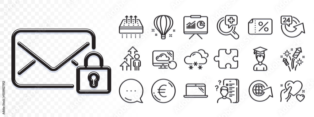 Fototapeta premium Student, Fireworks rocket and Hold heart line icons for web app. Glare of light effect. Message icon. Pack of Euro money, Breathable mattress, Presentation pictogram icons. Vector