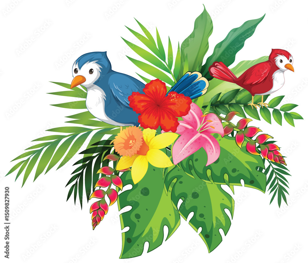 Obraz premium Colorful Birds and Tropical Flower Arrangement