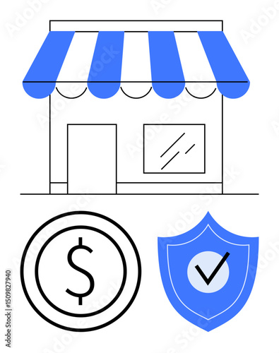 Storefront with striped awning, dollar sign coin, and shield with checkmark. Ideal for online commerce, business security, retail growth, entrepreneurship, finance, trust simple landing page