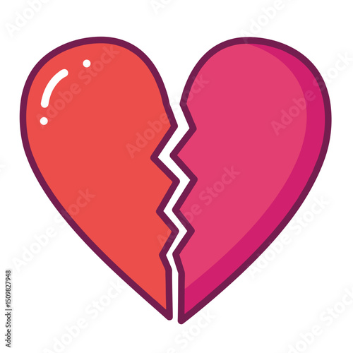 Broken heart icon in pink and red colors with glossy finish  
