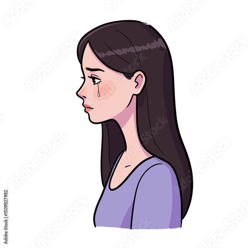 Young woman with a tear on her cheek looking sad in profile view  