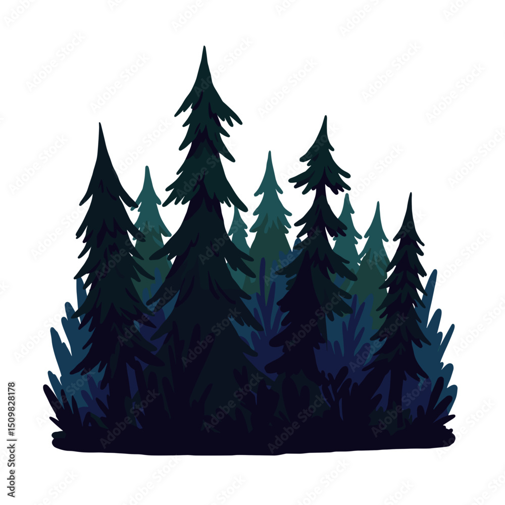 Obraz premium Dense silhouette of evergreen trees in dark forest scene 