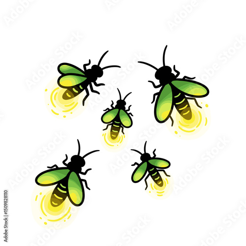 Group of cartoon fireflies glowing in a nighttime setting  