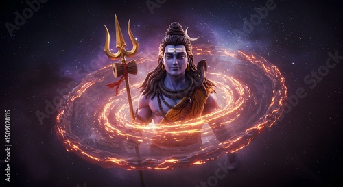 Lord Shiva, Cosmic Dance Digital Art of Hindu Deity in Fiery Galaxy