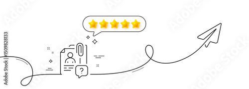 Search employee line icon. Continuous line with share plane. Interview candidate sign. Question mark symbol. Five star rate review in speech bubble. Search employee single line ribbon. Vector