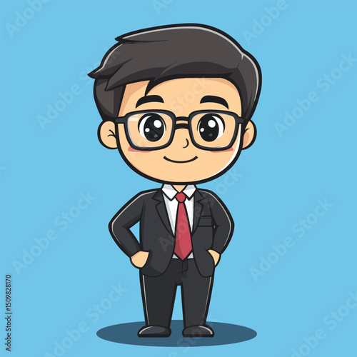 Confident Cartoon Businessman with Glasses and Red Tie