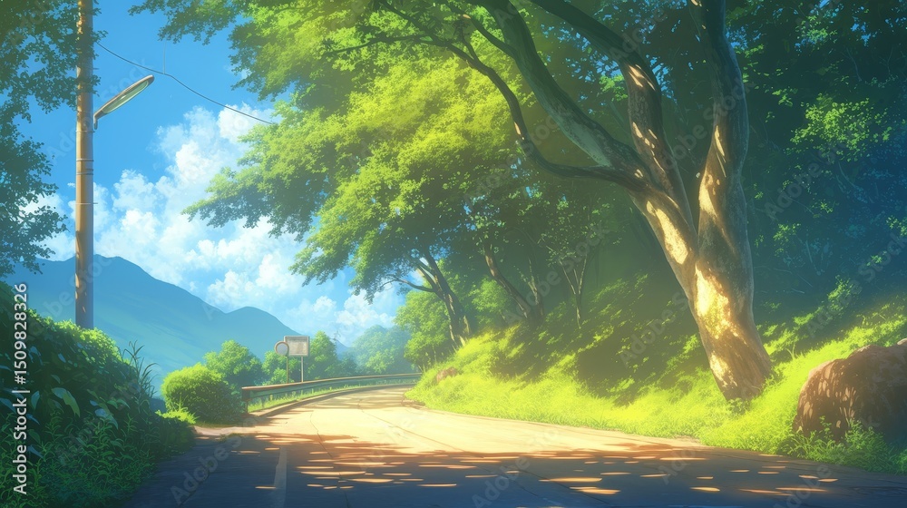 Naklejka premium Sun-dappled forest road through lush greenery - inviting nature journey with vibrant landscape and clear blue skies