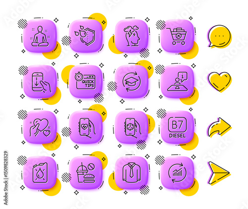 3d app, Diesel and Fast food line icons. App 3d buttons. Social media comment, share, like icons. Pack of Yoga, Continuing education, Scroll down icon. Shirt, Quick tips, Hold heart pictogram. Vector