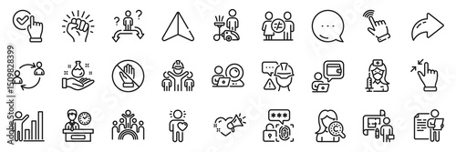 Presentation time, Discrimination and Engineering team line icons pack. Share, Message, Paper plane icons. Love message, Business choice, Biometric security web icon. Vector