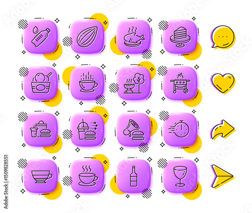 Coffee cup, Cappuccino and Fast food line icons. App 3d buttons. Social media comment, share, like icons. Pack of Food delivery, Almond nut, Gas grill icon. Vector