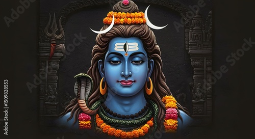 Serene Portrait of Lord Shiva Hindu Deity, Peaceful Meditation, Spiritual Art, Divine Energy, Mystical Iconography