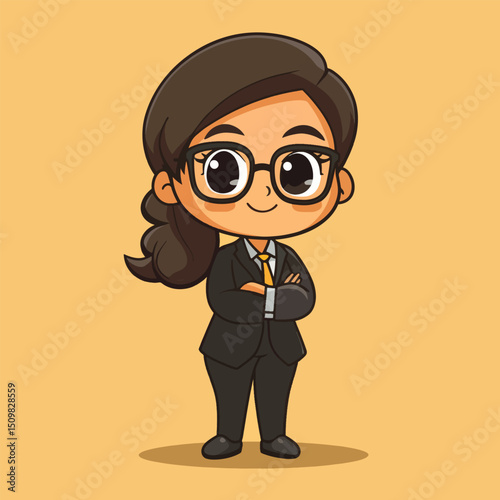 Confident Cartoon Businesswoman with Glasses and Yellow Tie