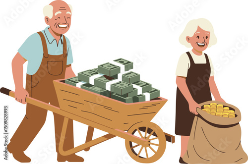 "Elderly couple happily handling wealth with wheelbarrow full of cash bundles and sack of gold coins isolated on white"

vflat vector illustration