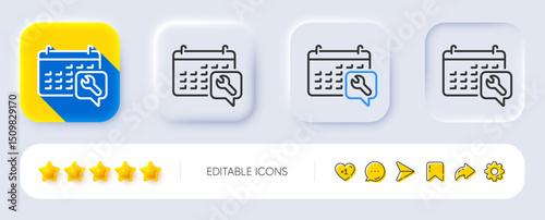 Spanner tool line icon. Neumorphic, Flat shadow, 3d buttons. Repair service calendar sign. Fix instruments symbol. Line spanner icon. Social media icons. Vector