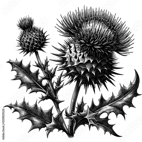 Thistle plant illustration in engraving style with spiky leaves Scotland symbol. Detailed botanical thistle plant illustration in engraving style shows spiky leaves and buds.