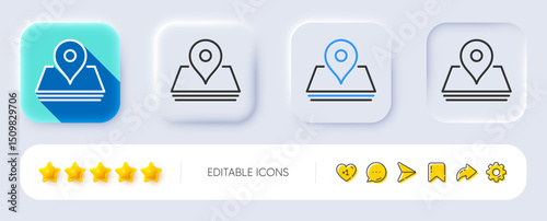 Map pin line icon. Neumorphic, Flat shadow, 3d buttons. Trip point sign. Journey location pointer symbol. Line pin icon. Social media icons. Vector