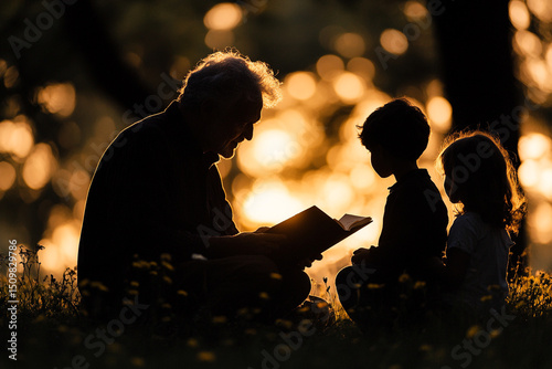 Silhouette of a grandfather telling a story to his grandchildren