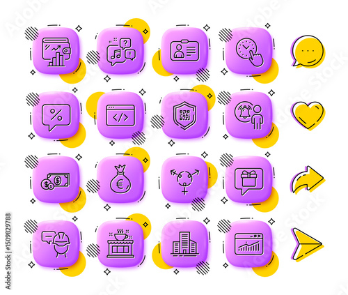 Dollar money, User notification and Qr code line icons. App 3d buttons. Social media comment, share, like icons. Pack of Id card, Genders, Time management icon. Vector