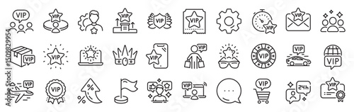 Vip line icons. Settings gear, Message, Inflation icons. Casino chips, very important person, delivery parcel. Certificate, player table, vip buyer icons. Vector
